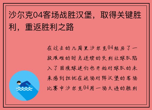 沙尔克04客场战胜汉堡，取得关键胜利，重返胜利之路